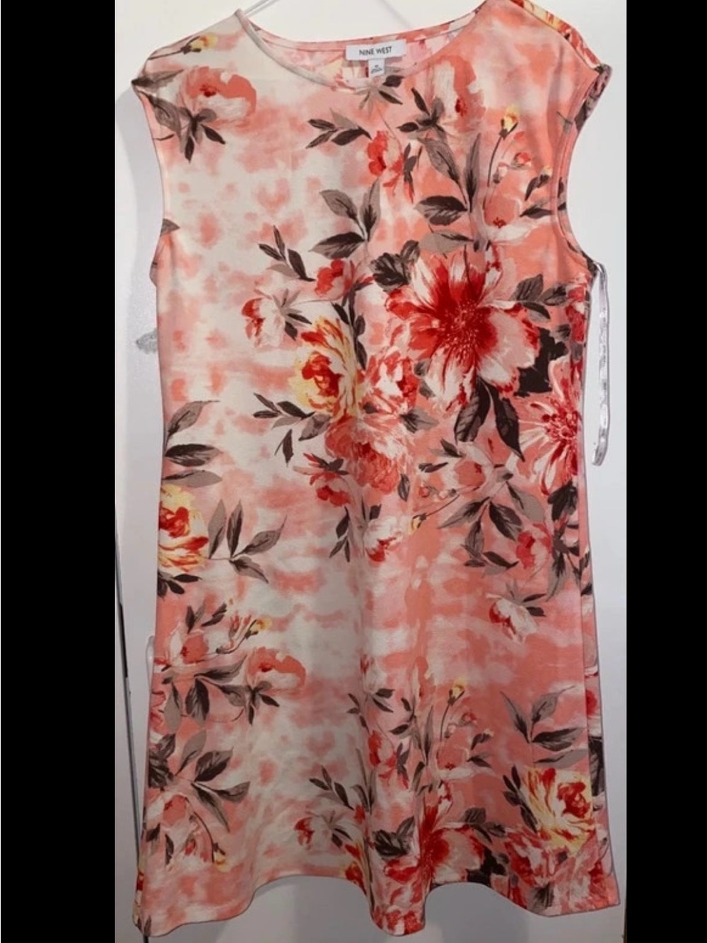 Nine West Peach and Coral Floral Cap-Sleeve Shift Dress